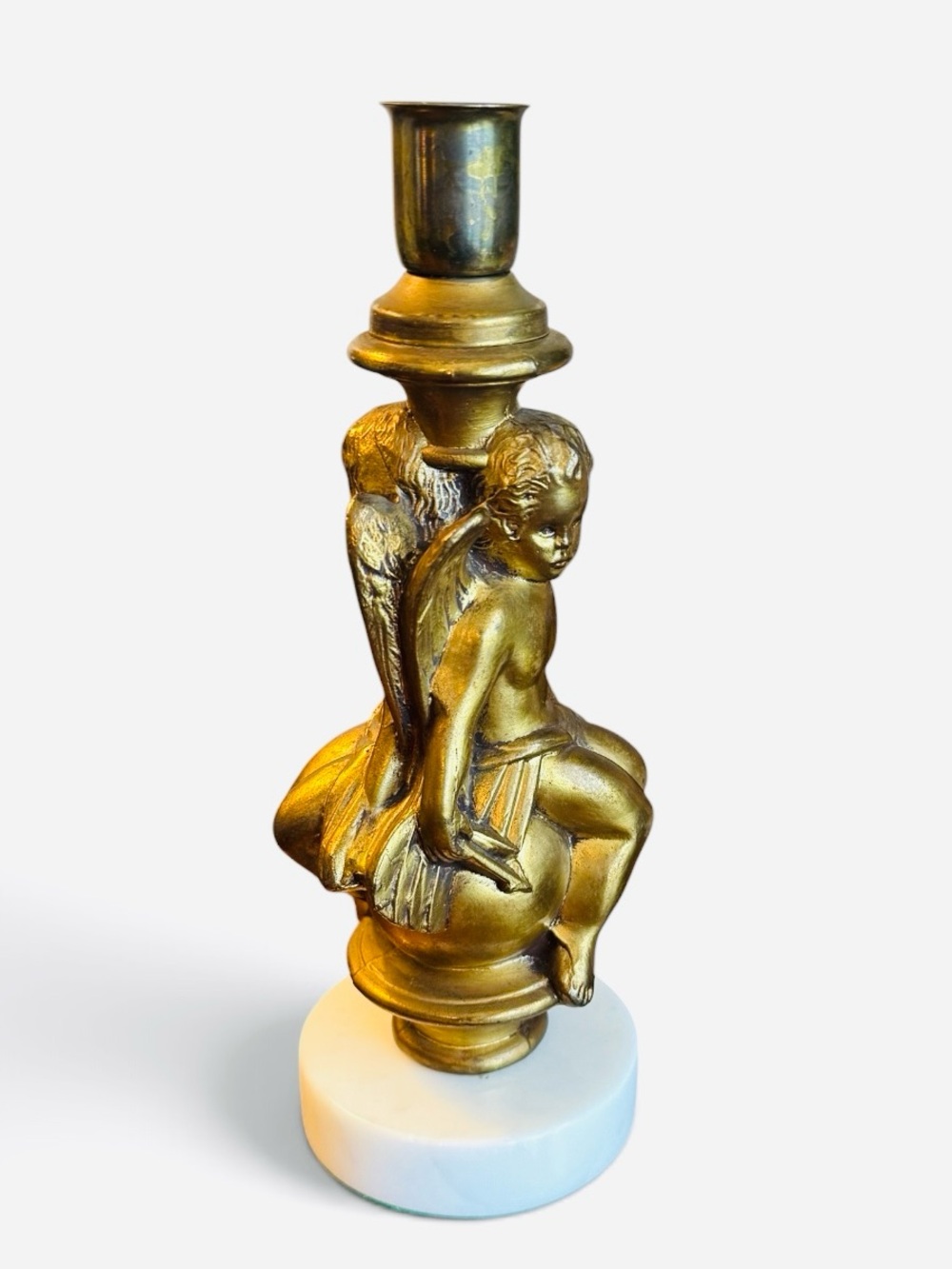 Vintage Ornate Gold Cherub Candlestick with White Marble Base